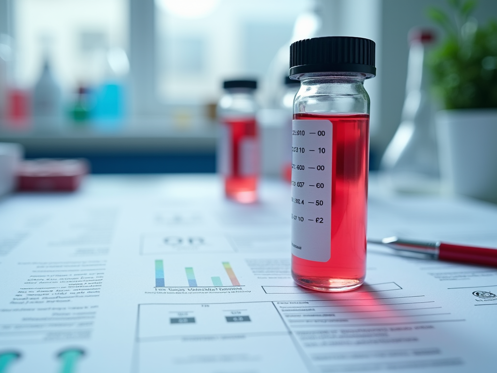 Прозрачная пробирка с красной жидкостью на фоне документов и лаборатории.