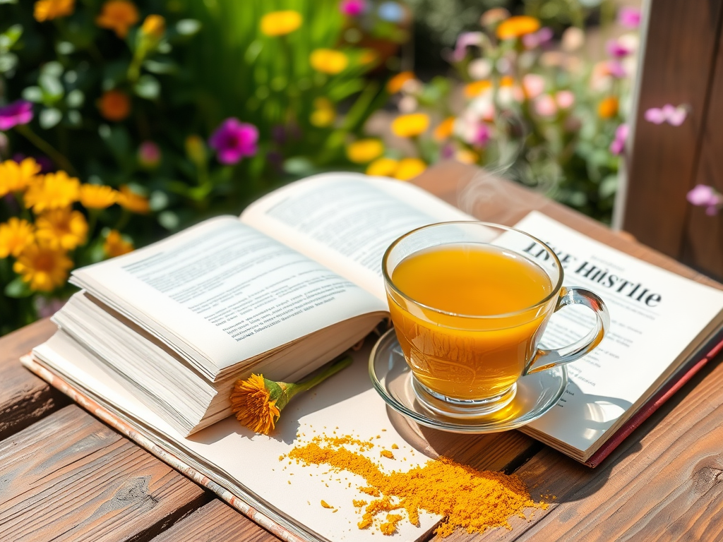 Чашка чая рядом с открытой книгой и цветами на фоне, с куркумой на столе. Тёплая атмосфера.