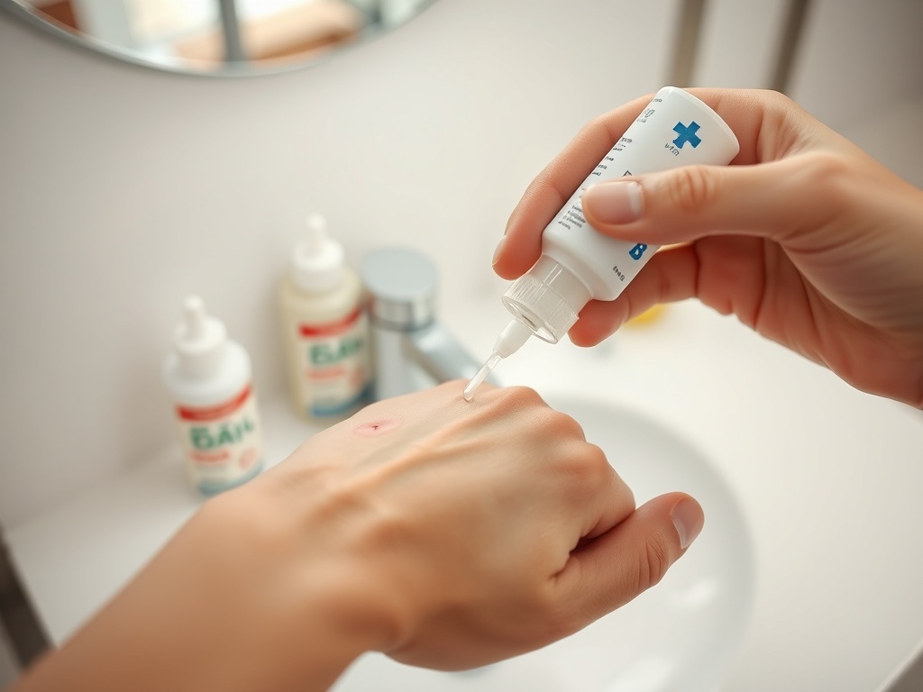 На руке капает лечебное средство, на фоне видно средства для ухода за кожей.