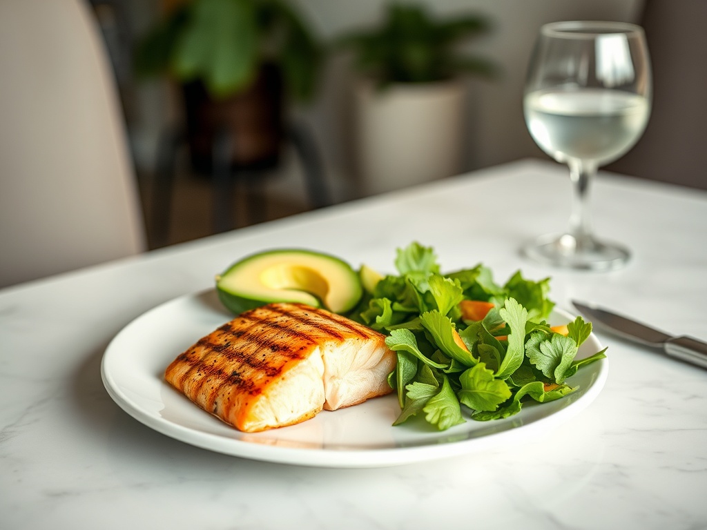 На тарелке находится грильованный лосось, салат и авокадо, рядом бокал воды.