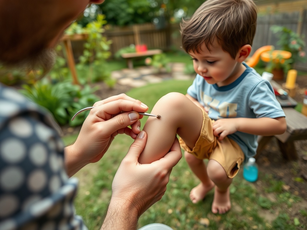 Мужчина оказывает помощь маленькому мальчику, у которого мелкий случай на колене, в саду.