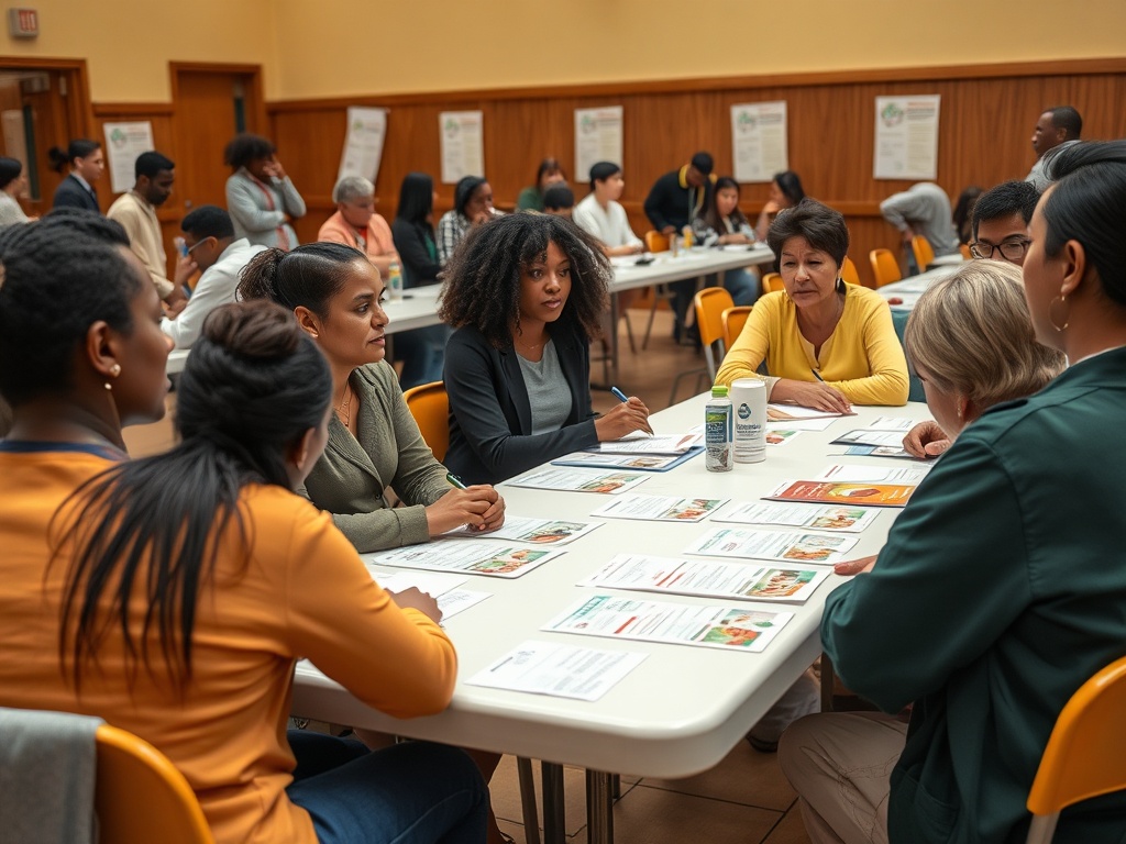 Группа людей обсуждает материалы на столе в помещении для собраний. Ведутся активные переговоры.