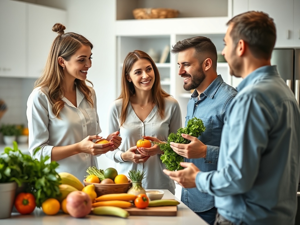 Четыре человека общаются на кухне, окруженные свежими фруктами и овощами, выглядят дружелюбно и счастливо.