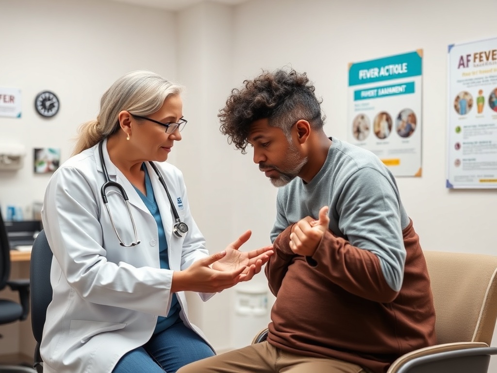 Врач беседует с мужчиной в кабинете, обсуждая его здоровье и симптомы.