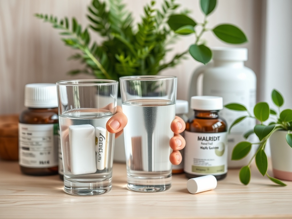 Стекло с водой и таблетками, на столе рядом с растениями и другими лекарственными средствами.