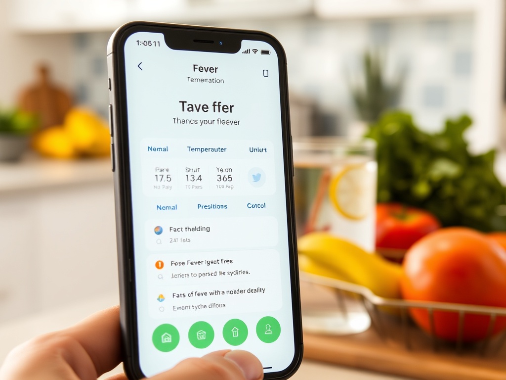Экран смартфона с приложением для отслеживания температуры и симптомов лихорадки.
