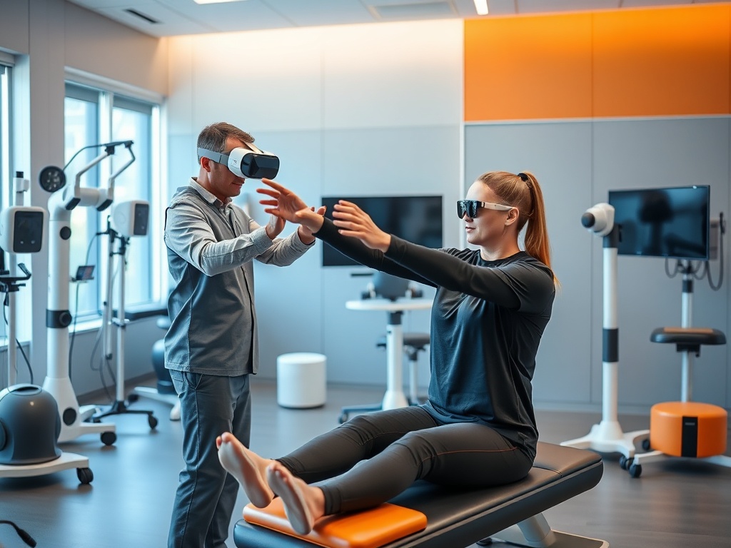 Мужчина в VR-очки демонстрирует движения женщине в спортивной экипировке на тренировочной скамье.