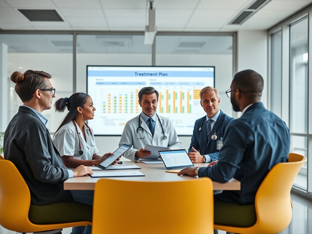Группа медицинских работников обсуждает план лечения в современном офисе. На экране диаграммы и данные.