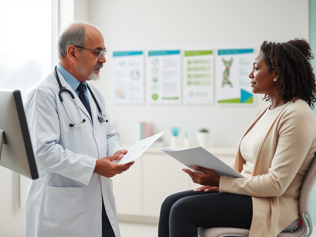Врач объясняет результаты обследования пациентке в уютном кабинете. На стенах размещены медицинские плакаты.