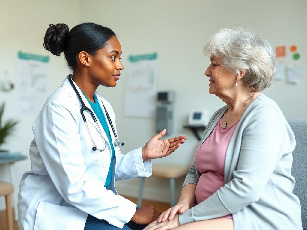 Врач беседует с пожилой пациенткой в клинике, проявляя заботу и внимательность.