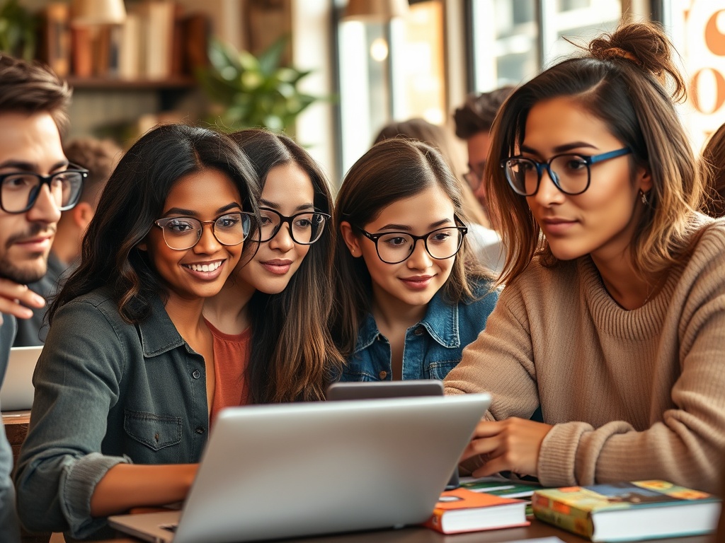 Группа студентов с ноутбуком, работающих и обсуждающих учебные проекты в кафе.