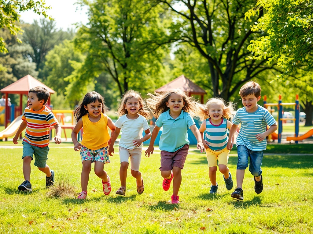 На картинке шестеро детей весело бегут по зеленой траве в парке. Солнечный день и яркие цветные одежды.