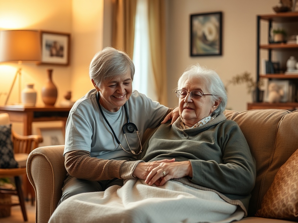 Медсестра общается с пожилой женщиной, создавая атмосферу заботы и поддержки в уютной комнате.
