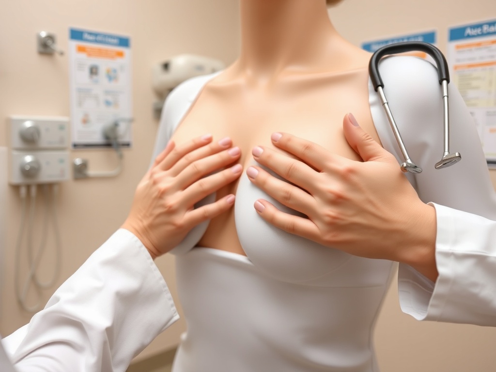 На изображении манекен с стетоскопом, на котором врач проводит осмотр груди.