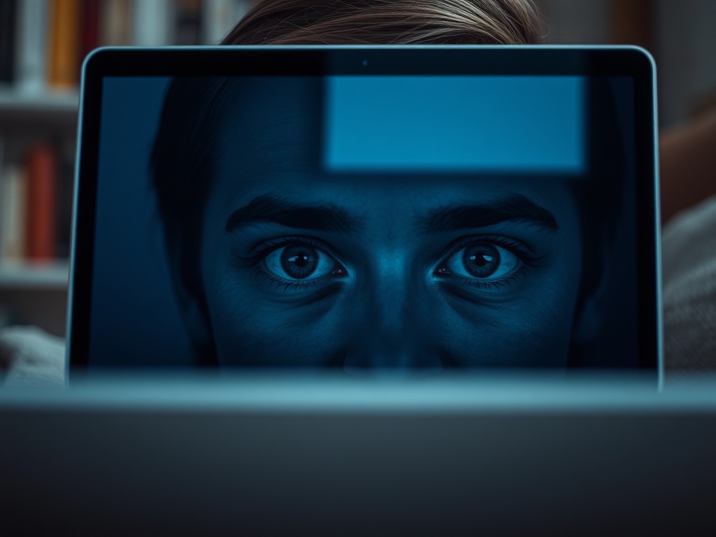 Экран ноутбука показывает лицо с большими глазами, в темной обстановке, создавая загадочное настроение.