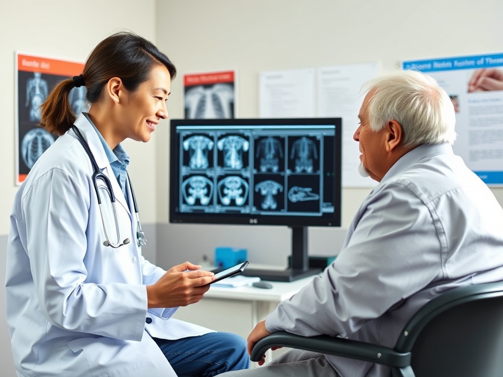 Врач общается с пациентом, показывая результаты обследования на экране компьютера.