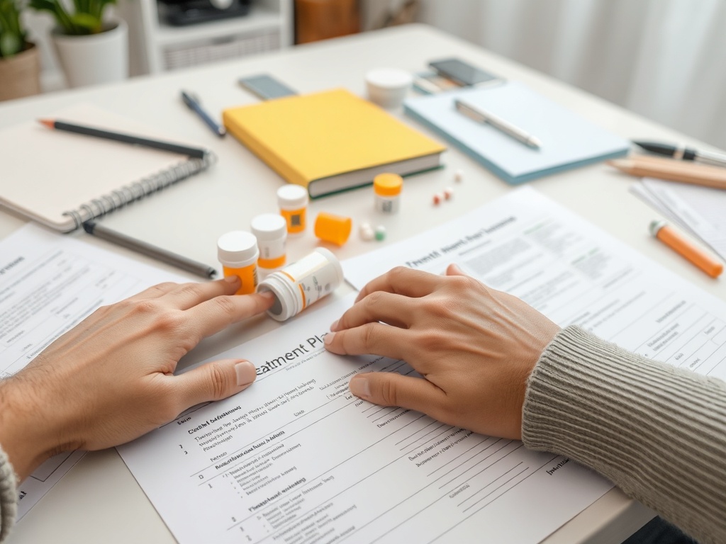 На столе документы с планом лечения и лекарства, руки человека тянут к бутылке с таблетками.