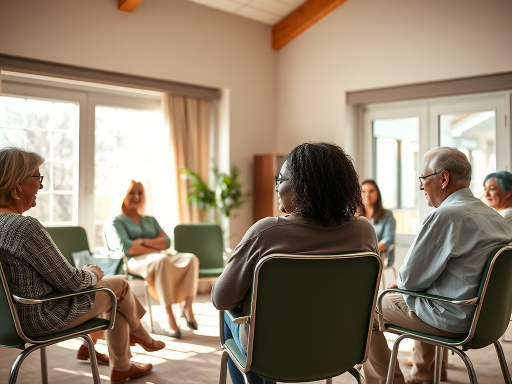 Группа людей сидит в круге и обсуждает что-то в светлом помещении. Вокруг много окон и растений.