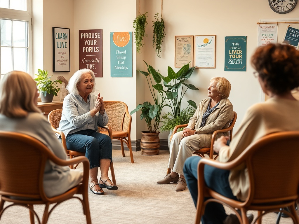 На собрании пожилые женщины обсуждают важные темы в уютной обстановке. Стены украшены плакатами.