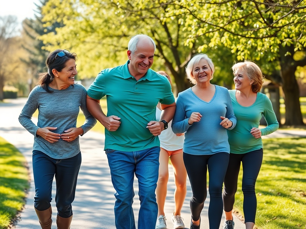 Группа людей разного возраста бегает по парку, наслаждаясь свежим воздухом и общением.