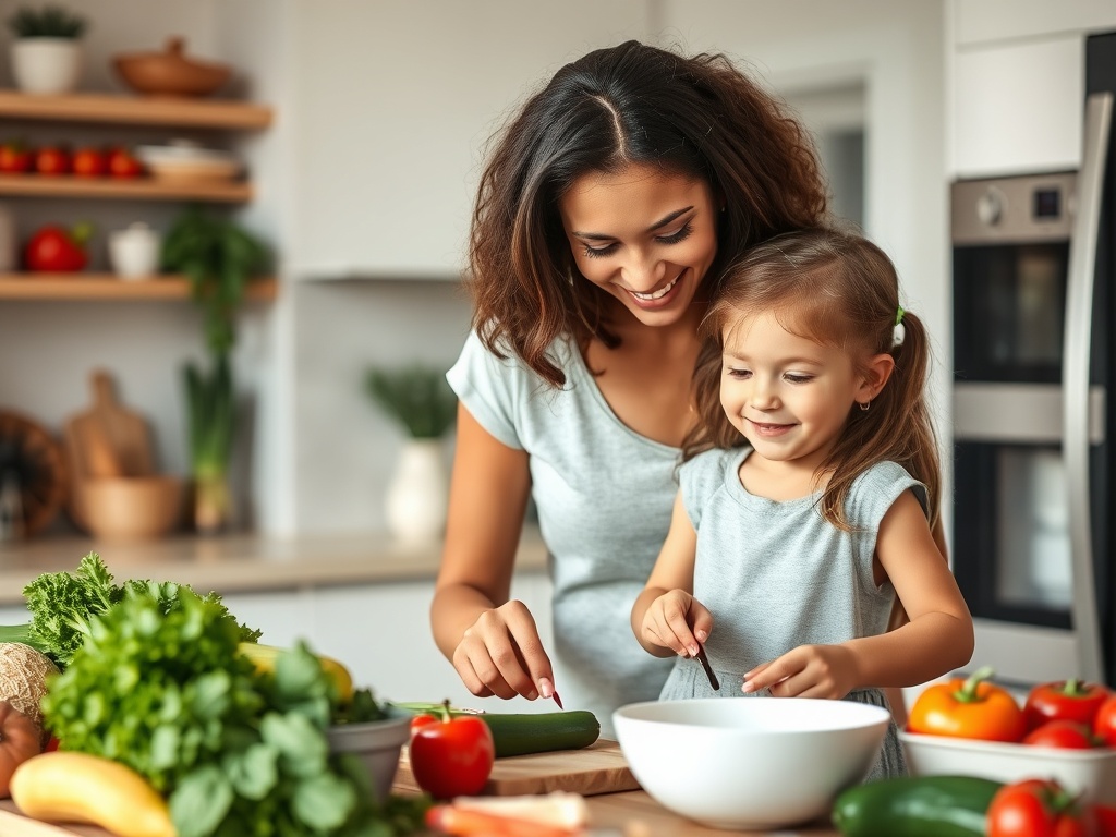 Мама и дочка готовят вместе на кухне, окруженные свежими овощами и фруктами. Улыбки и радость в процессе.