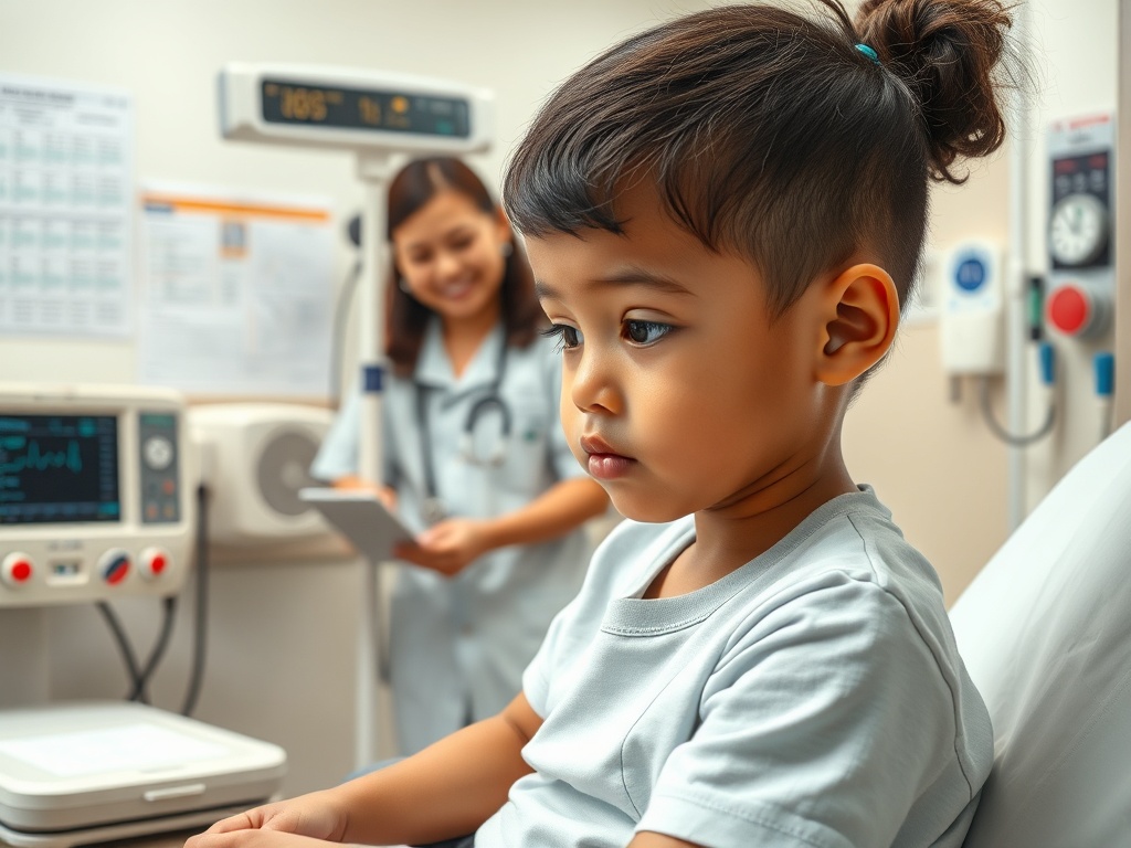 Мальчик сидит в кабинете врача, готовясь к осмотру, медсестра улыбается на заднем плане.