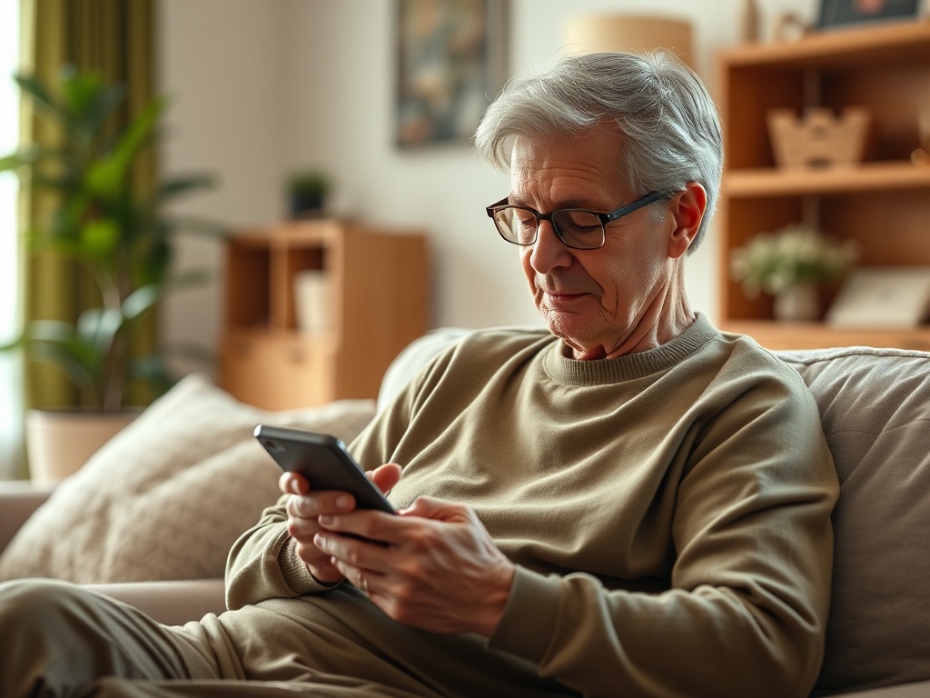 Пожилой человек сидит на диване, смотрит на смартфон, в уютной комнате с зелеными растениями и светлыми тонами.