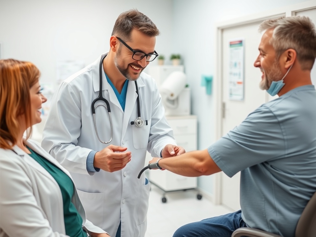 Врач улыбается, проверяя состояние пациента в кабинете с медицинскими работниками. Сотрудничество и забота.