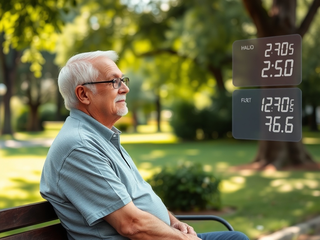 Пожилой мужчина сидит в парке, рядом отображаются цифровые данные с показателями времени и скорости.