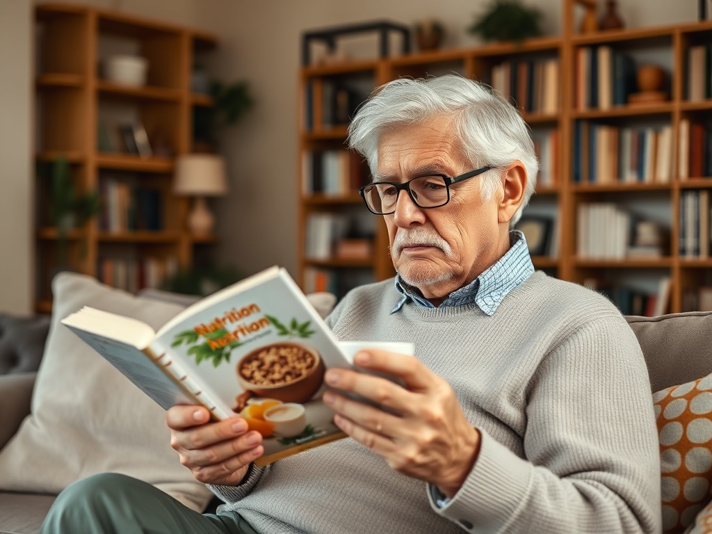 Пожилой мужчина читает книгу о питании, сидя на диване в уютной комнате. В руках чашка с напитком.