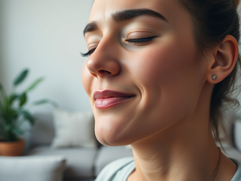 Улыбающаяся женщина с закрытыми глазами на фоне уютного интерьера. У неё светлая кожа и аккуратные серьги.