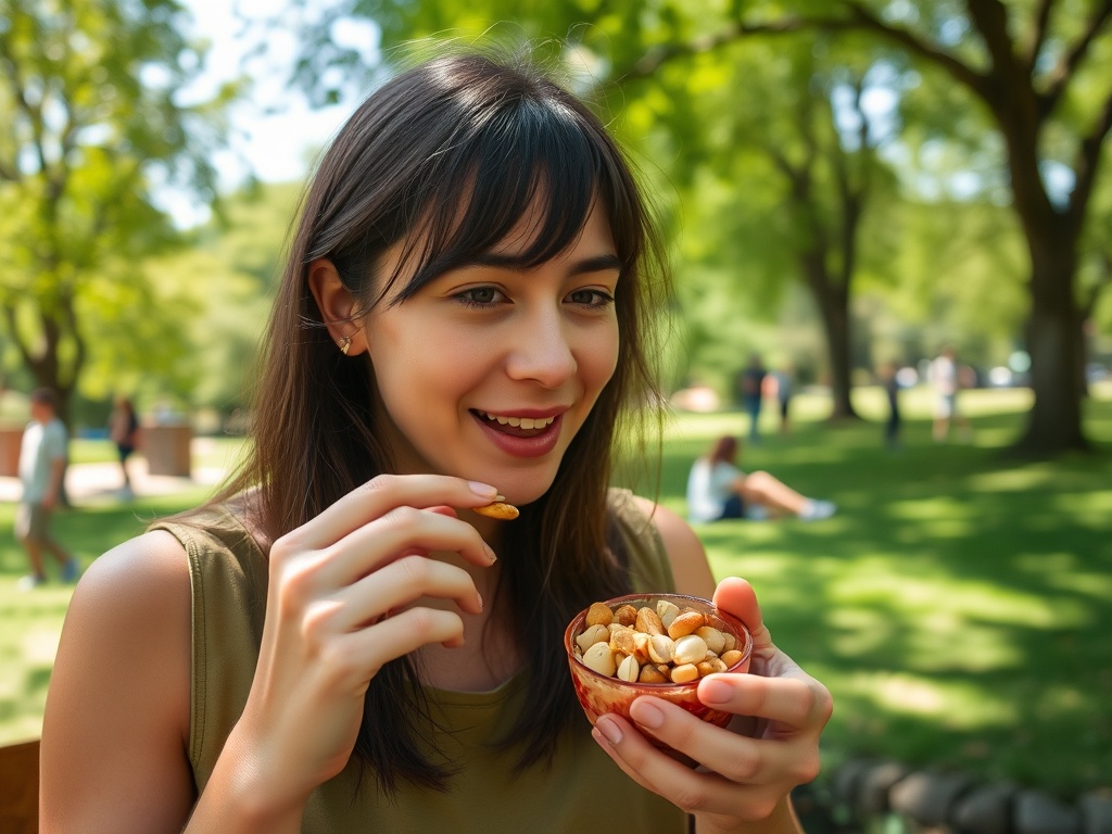 Девушка улыбается и ест орехи из прозрачной чашки на фоне зелёного парка.