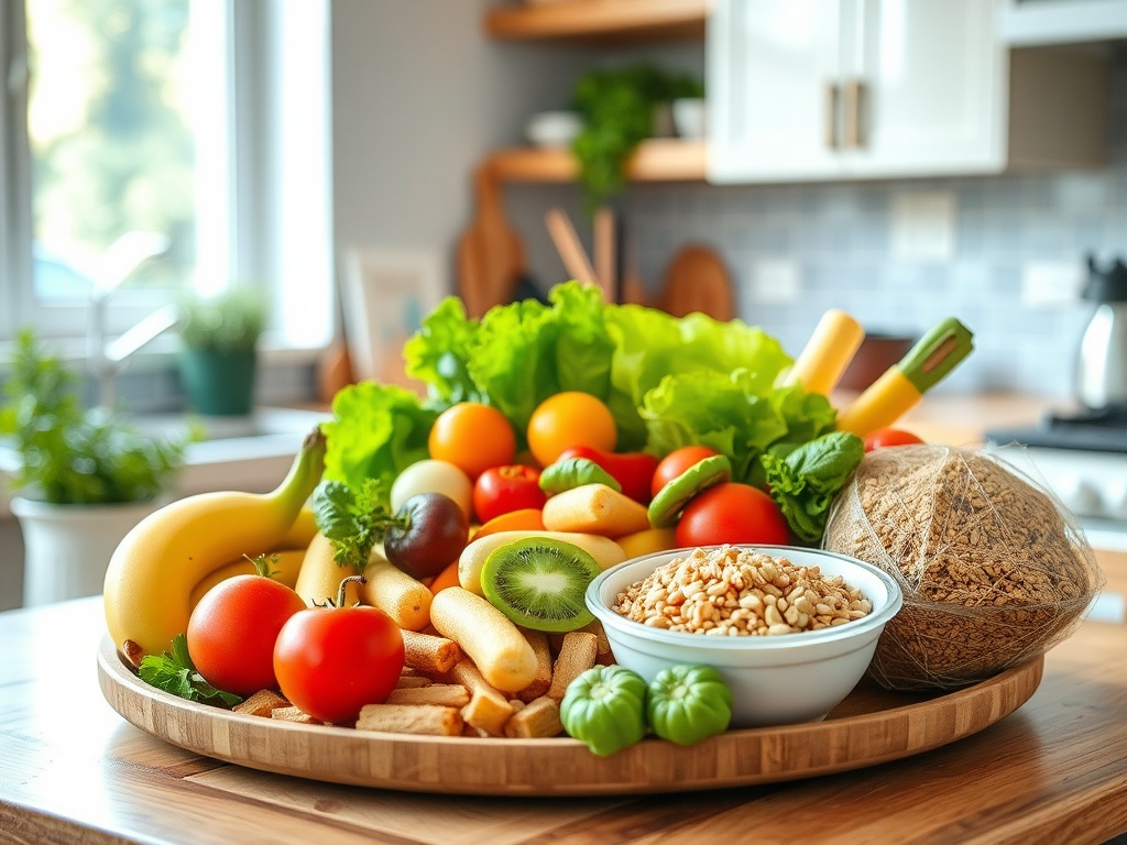 На деревянном подносе разнообразные овощи и фрукты, рядом чаша с орехами и семенами.