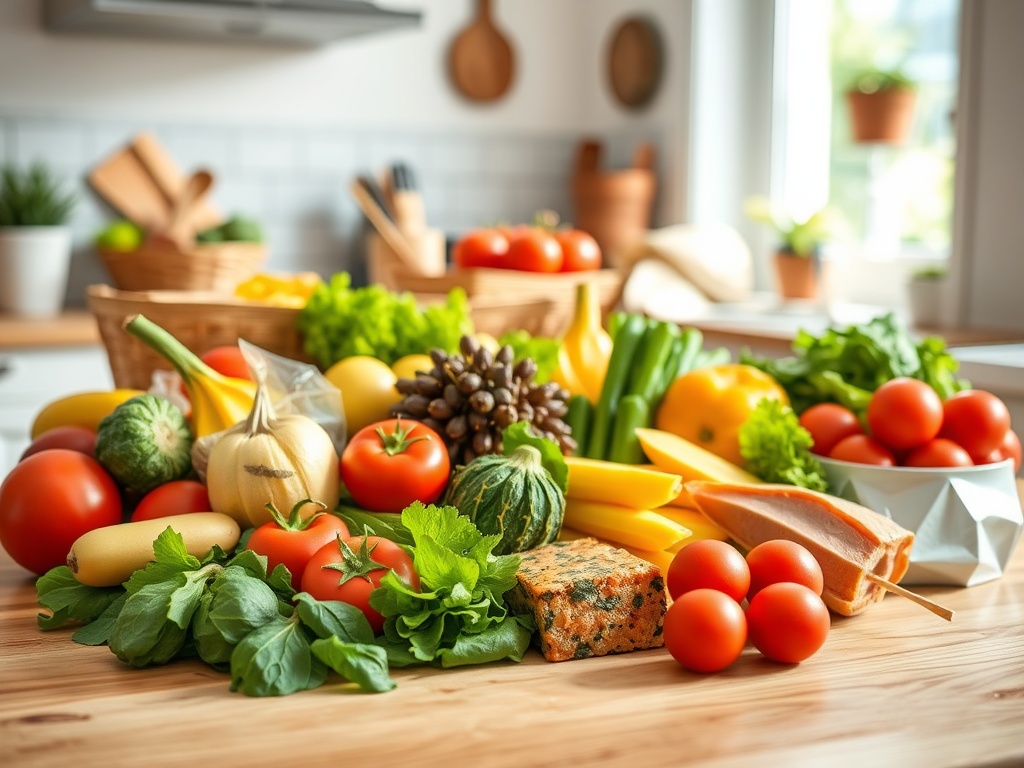 На столе разнообразные свежие овощи и фрукты: томаты, перцы, бананы, огурцы и зелень.