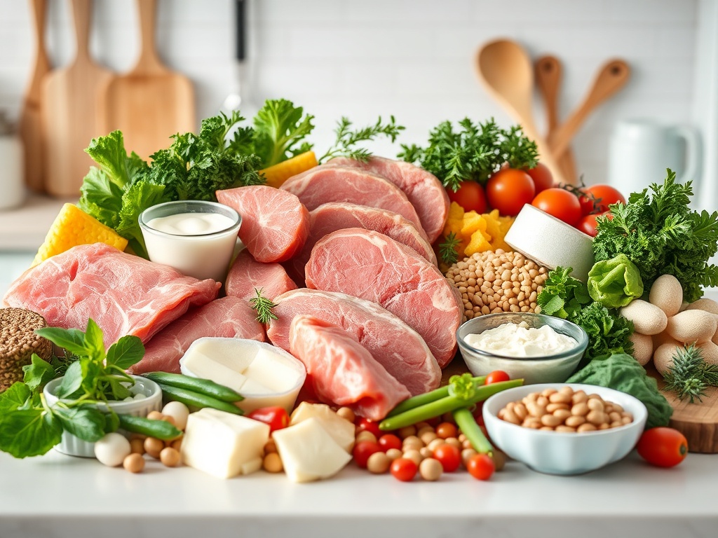 На картине представлены свежие мясные продукты, овощи, зелень и молочные изделия на кухонной поверхности.