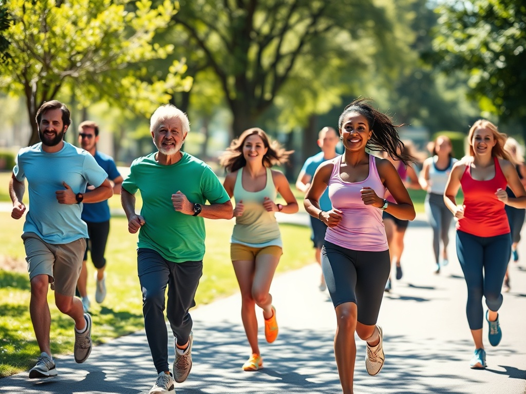 Группа людей разных возрастов бегут по парку в солнечный день, радуясь активному времяпрепровождению.