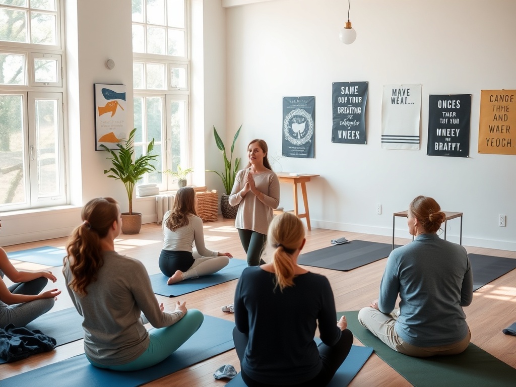 Занятие йогой в светлом помещении. Инструктор объясняет техники группе студентов на ковриках.