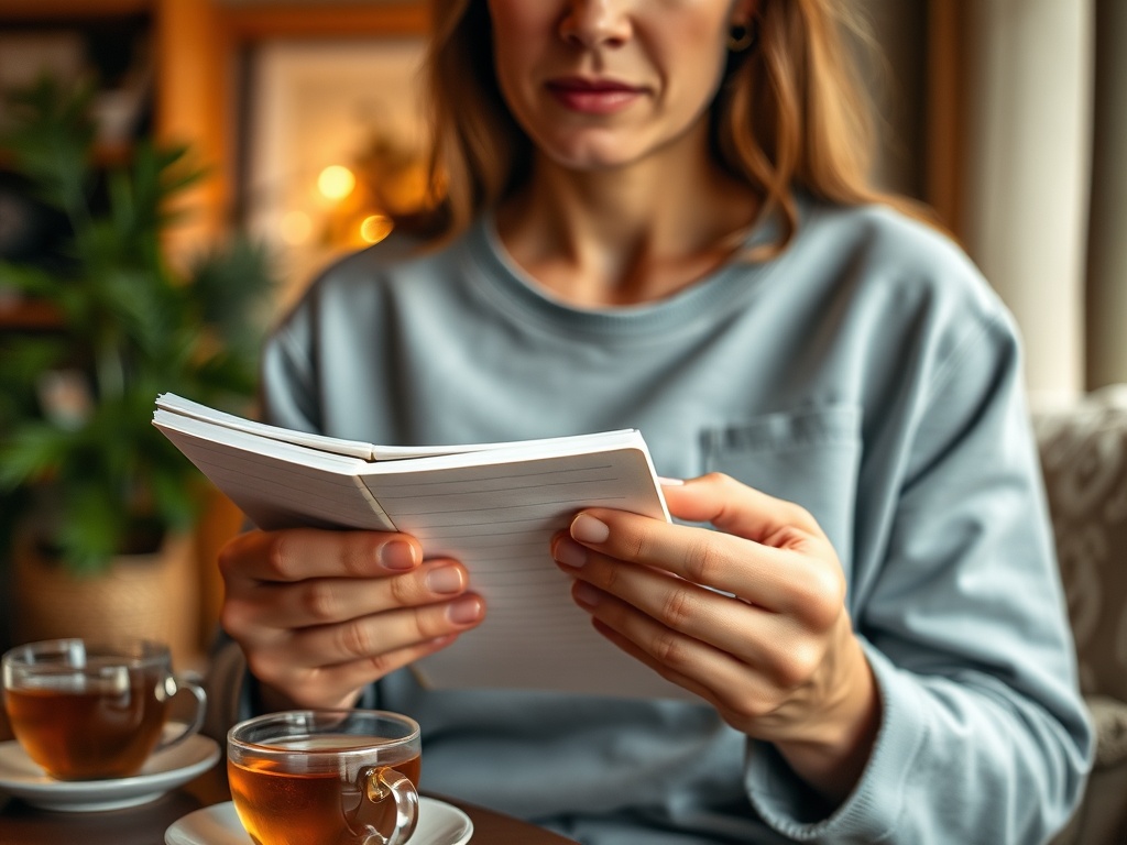 Женщина держит блокнот и читает, рядом стоят чашки с чаем на столе. Уютная обстановка в комнате.
