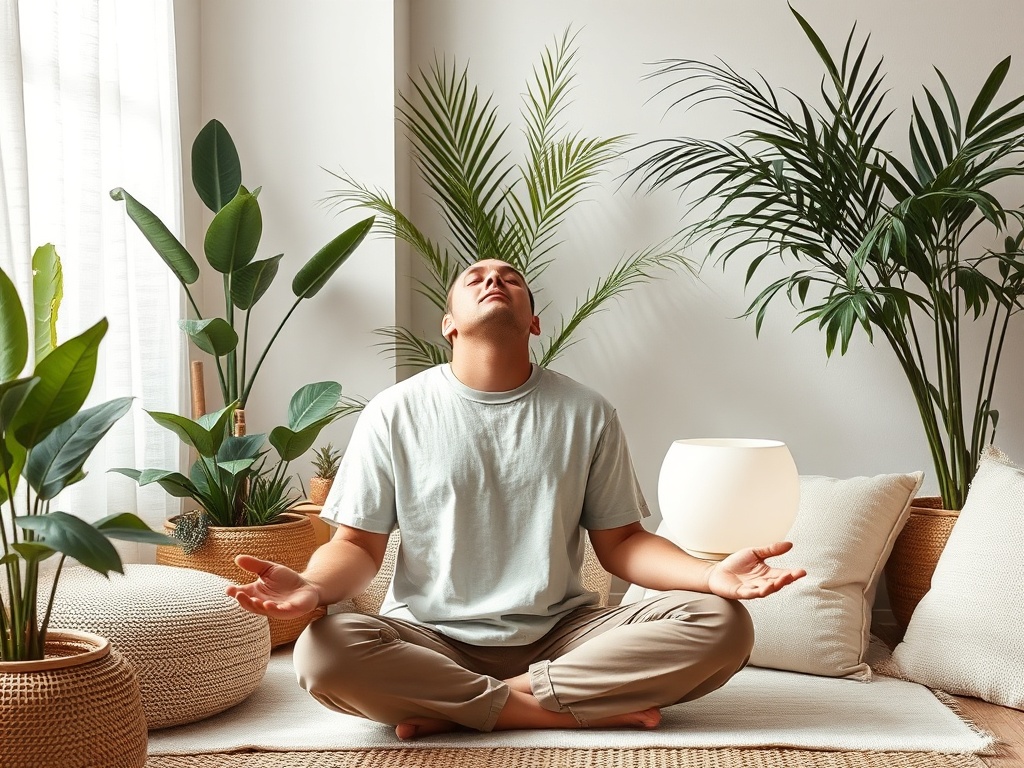 Молодой человек медитирует в светлом помещении среди зелёных растений и уютных подушек.