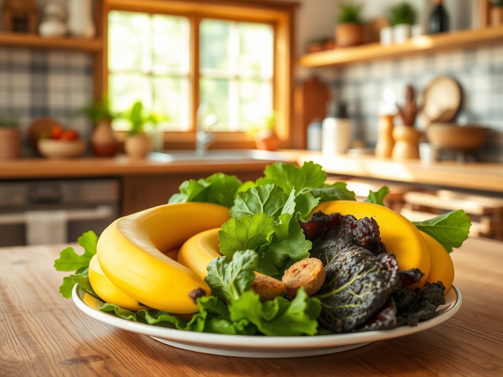 На тарелке лежат бананы и зеленый салат, на фоне кухни с деревянной мебелью и окнами.