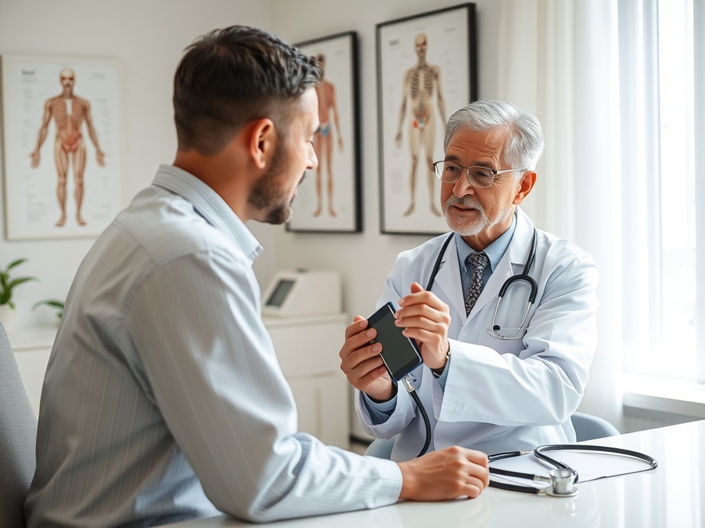 Врач беседует с пациентом в кабинете, обсуждая результаты обследования. На стенах анатомические плакаты.