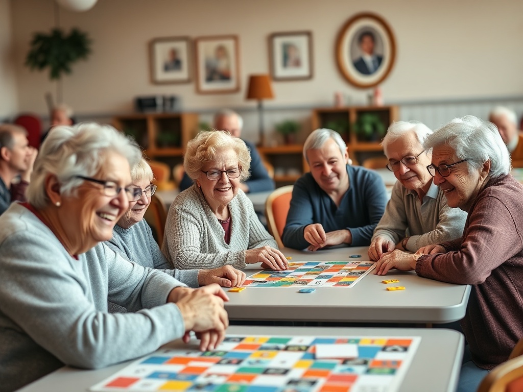 Группа пожилых людей играет в настольные игры, наслаждаясь общением и смехом в уютной обстановке.