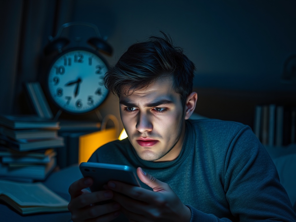 Молодой человек смотрит на телефон в темноте, вокруг книги и часы, показывающие поздний час.