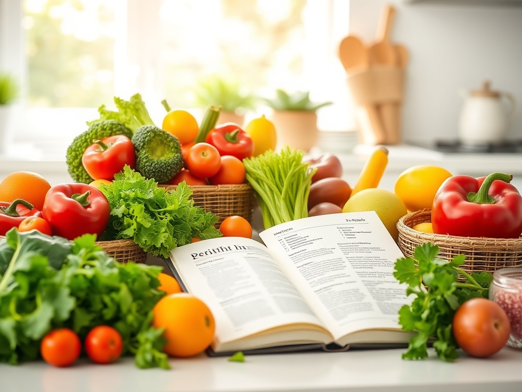 На столе разнообразные овощи и фрукты, рядом открытая кулинарная книга с рецептами.