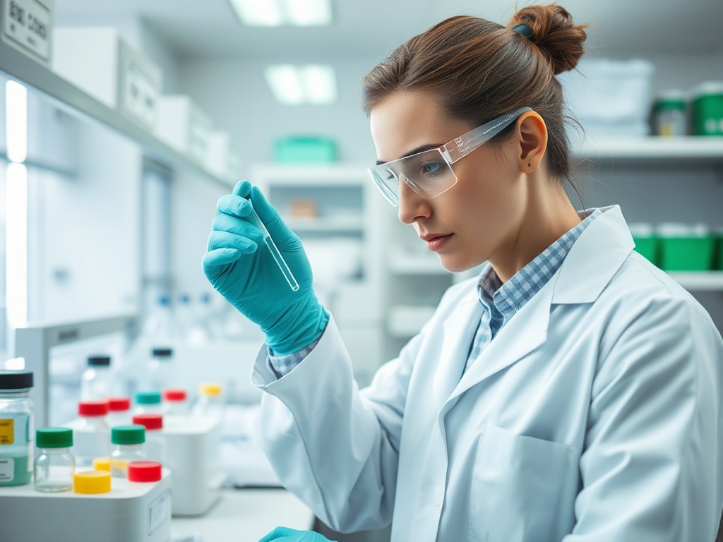 Женщина в лабораторном халате изучает пробирку с образцом, окруженная лабораторным оборудованием.