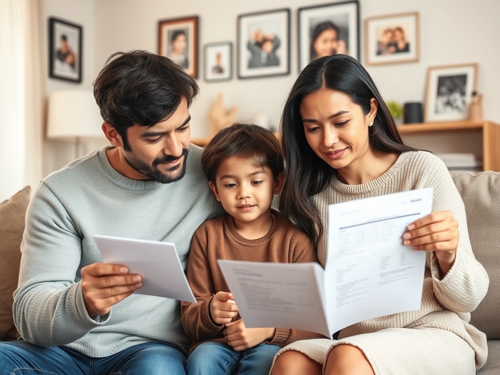 Семья сидит на диване и просматривает документы, смеясь и общаясь друг с другом в уютной обстановке.